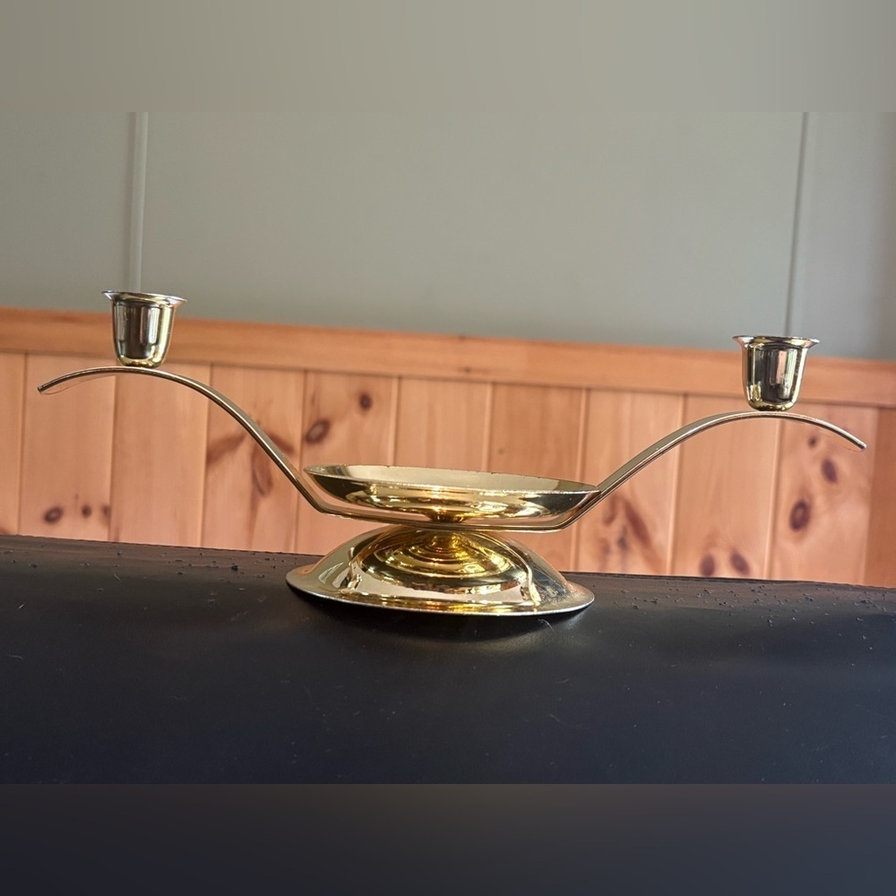 Brass Unity Candle Holder Holds 2 Taper 1 Pillar Brass W Gold Finish 12.5 Inches